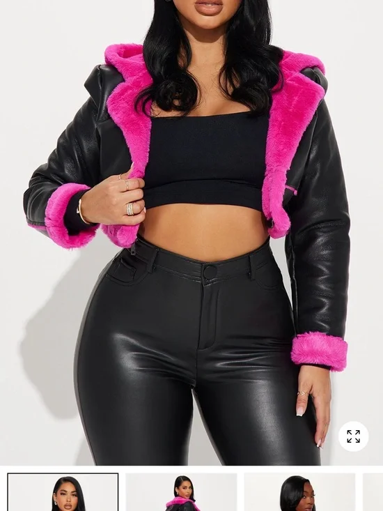 Fashion Nova Convertible Black Trench Coat with Hot Pink Fur Trim - Picture 2 of 7
